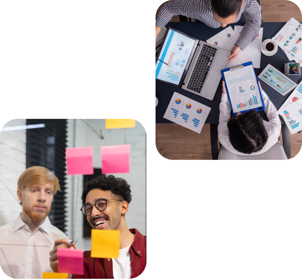 Creative team brainstorming with sticky notes and marketing analysts reviewing graphs and data charts — symbolizing strategic planning and performance analysis in digital marketing.