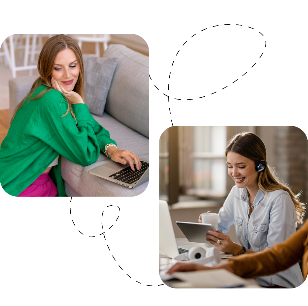 Smiling women working remotely on digital devices — one using a laptop on the couch and the other on a video call with a headset and tablet, symbolizing flexible digital communication and remote collaboration.