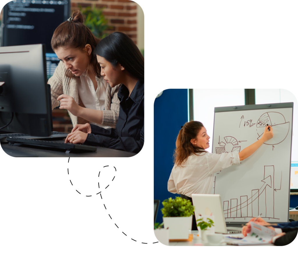 Team of digital marketers collaborating at a computer and a marketing strategist presenting growth data on a whiteboard — showcasing teamwork and analytics in digital marketing.