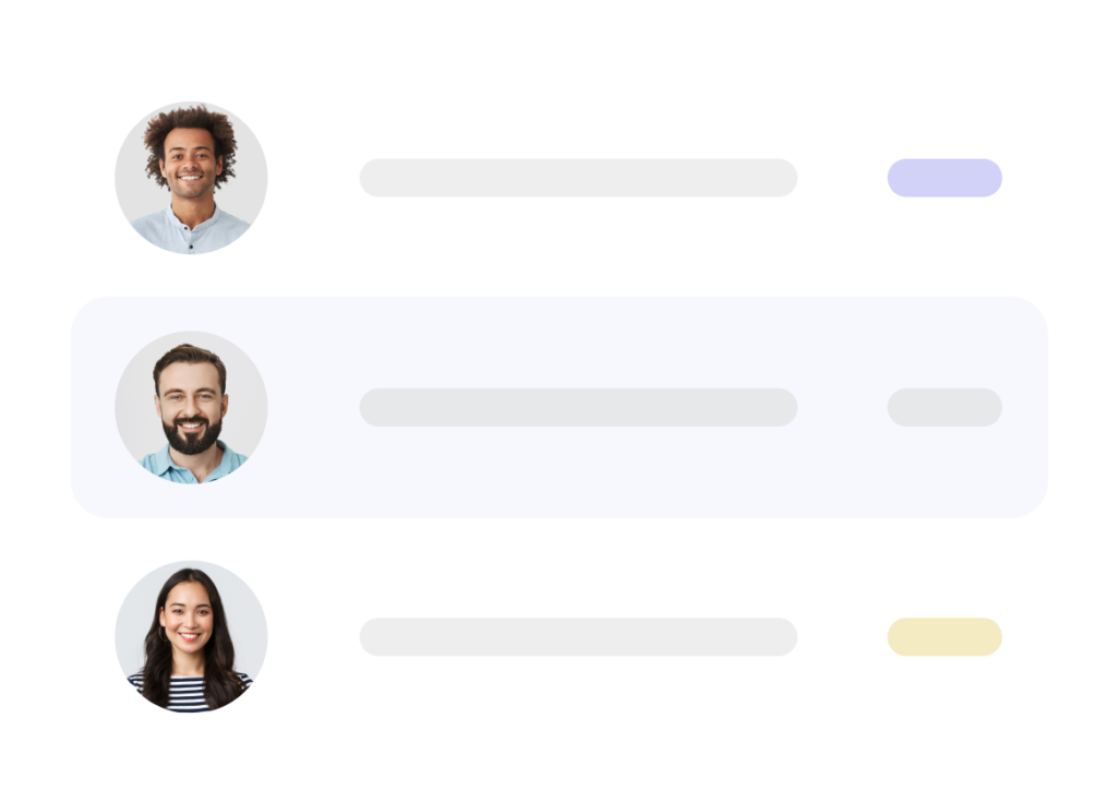 User interface mockup showing three profile cards with avatars, names, and status indicators — representing team management or CRM dashboard in a digital platform.